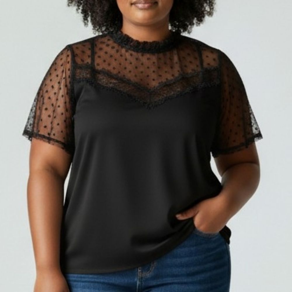 CURE. Black Lace Yoke Blouse 2XL Swiss Dot Mesh Flutter Sleeves